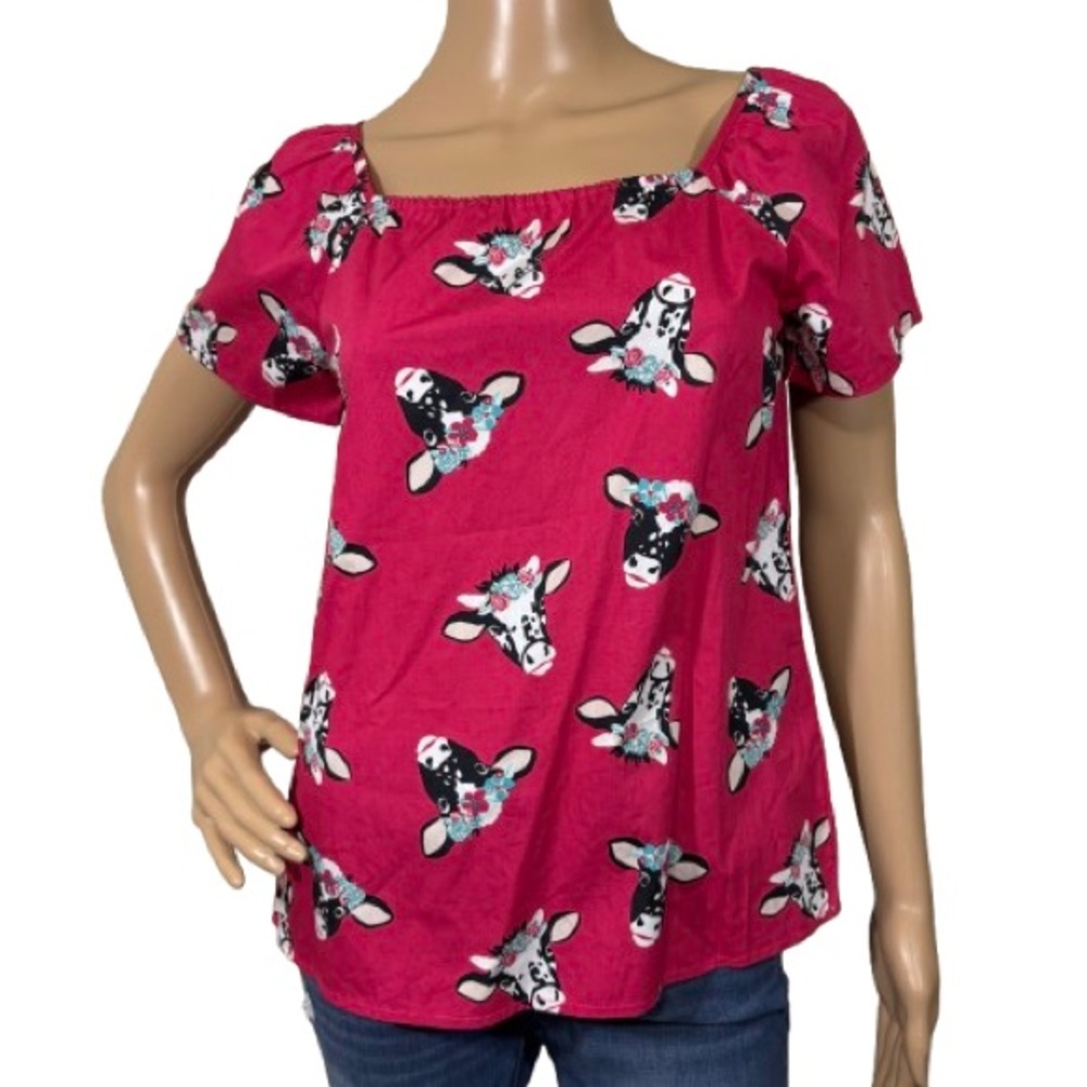 Wrangler 100% Cotton Western Floral Cow Print Pink Top Size L